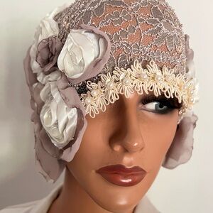 Wrap 20s Theme  Hat Flapper Wedding Sequin Taupe lace  Antique style